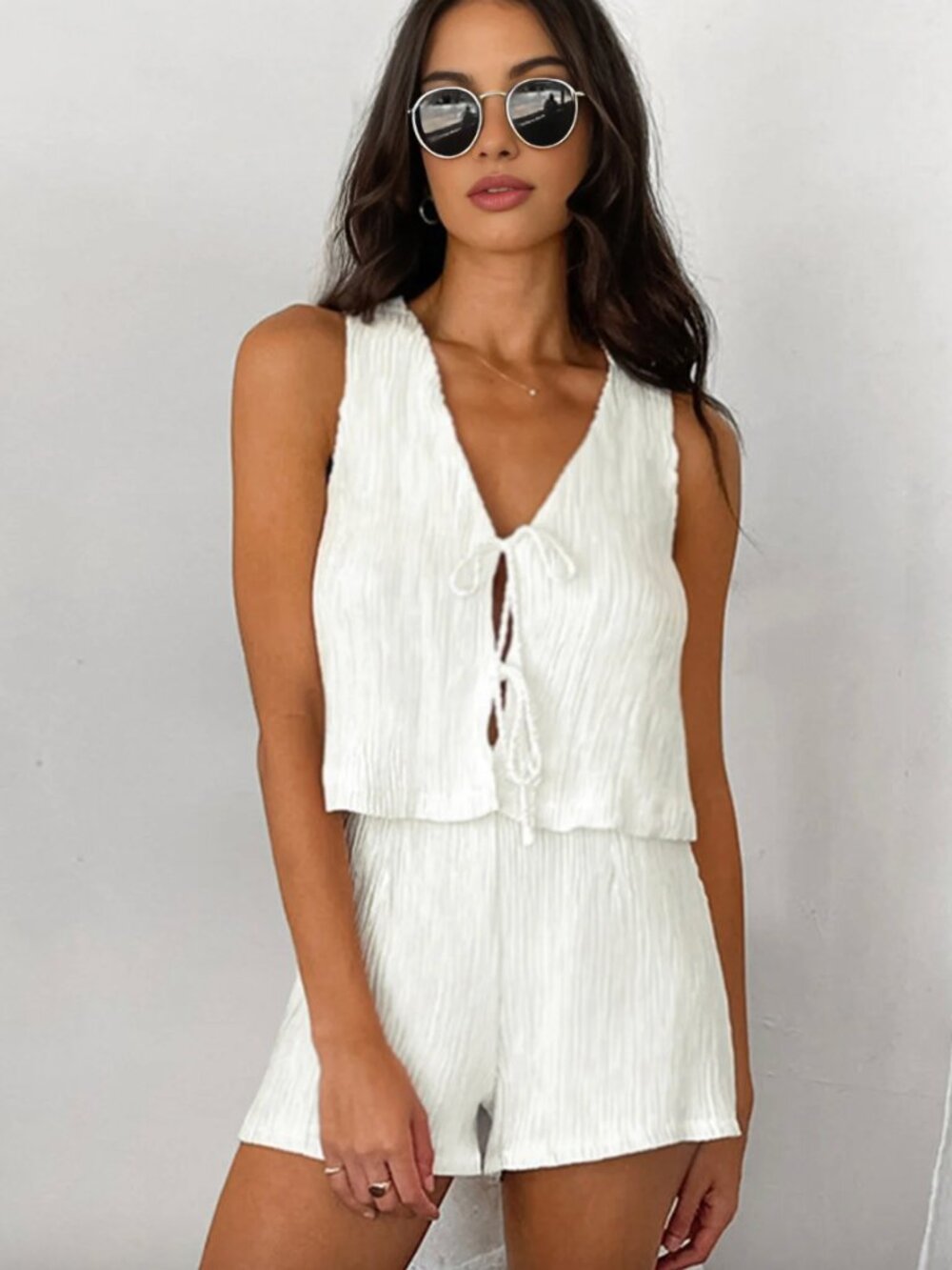 Commense White Tie Front Vest + Shorts Set NWT L Vacation Set